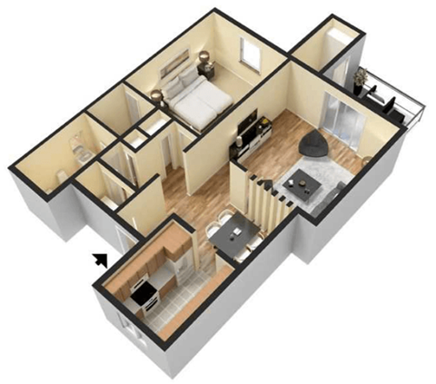 Floor plan for 1 bed, 1 bath, 752 sqft